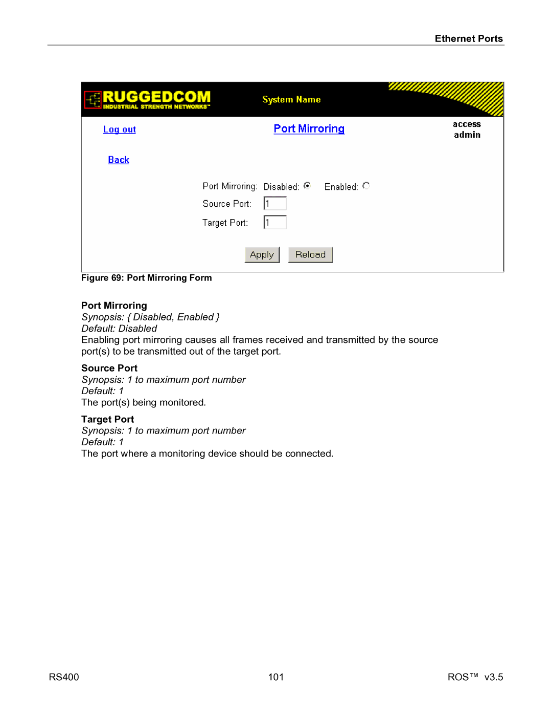 RuggedCom RS400 manual Port Mirroring, Synopsis Disabled, Enabled Default Disabled, Source Port, Target Port 