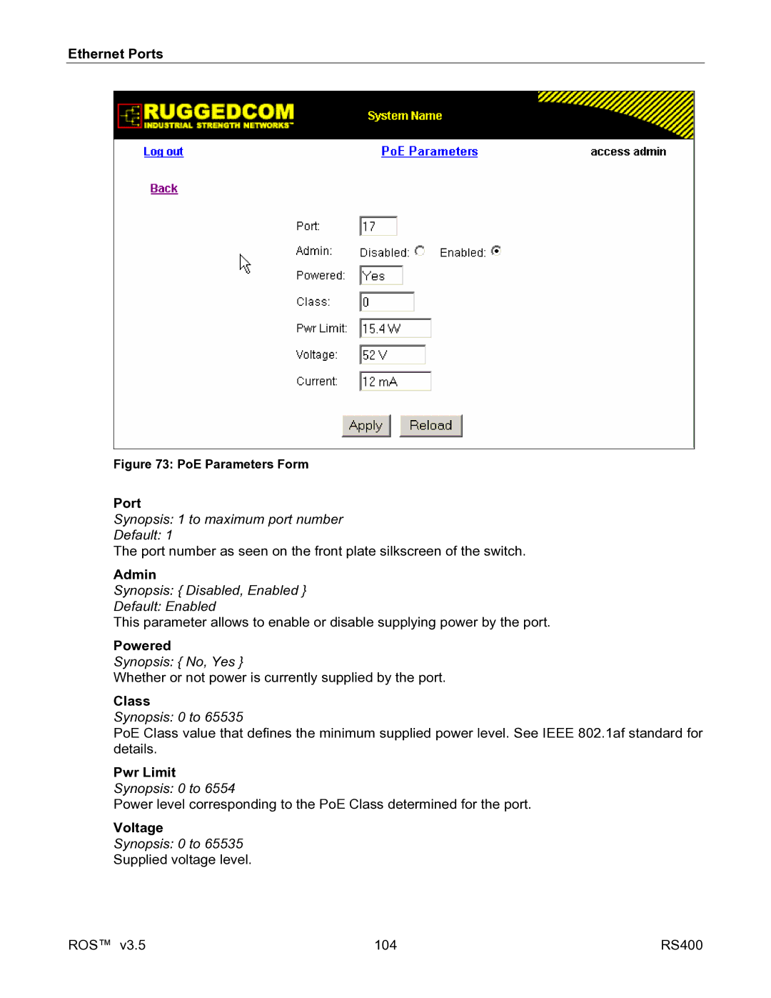 RuggedCom RS400 manual Admin, Powered, Class, Pwr Limit, Voltage 