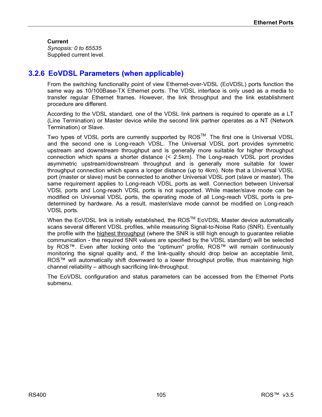 RuggedCom RS400 manual EoVDSL Parameters when applicable, Ethernet Ports Current 