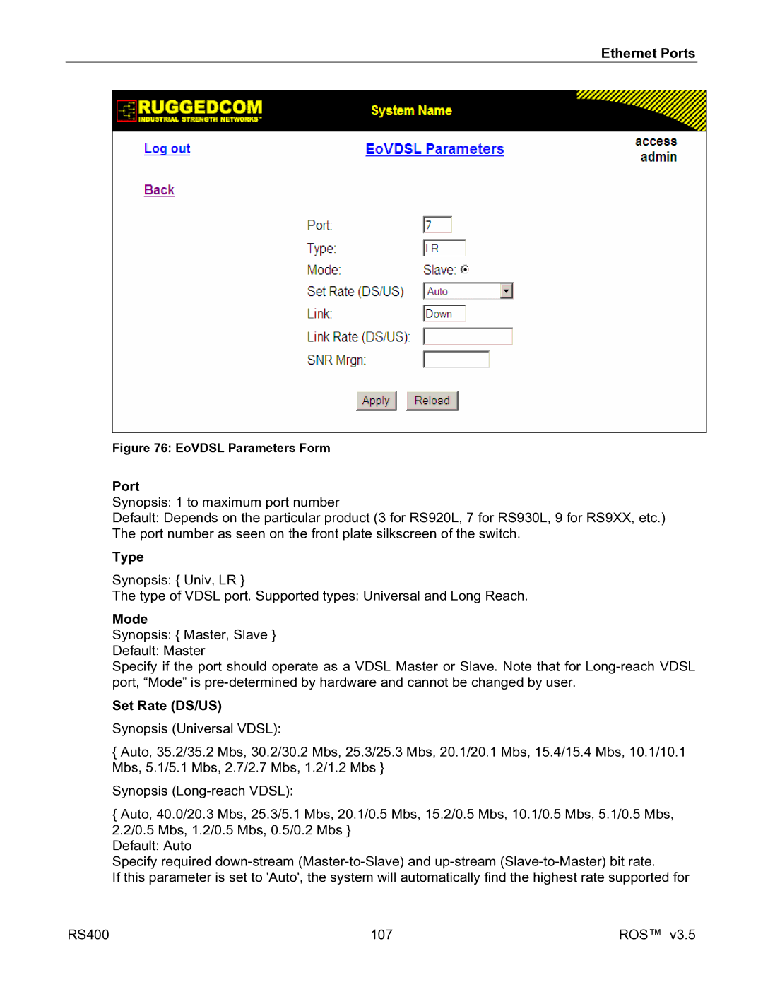 RuggedCom RS400 manual Mode, Set Rate DS/US 