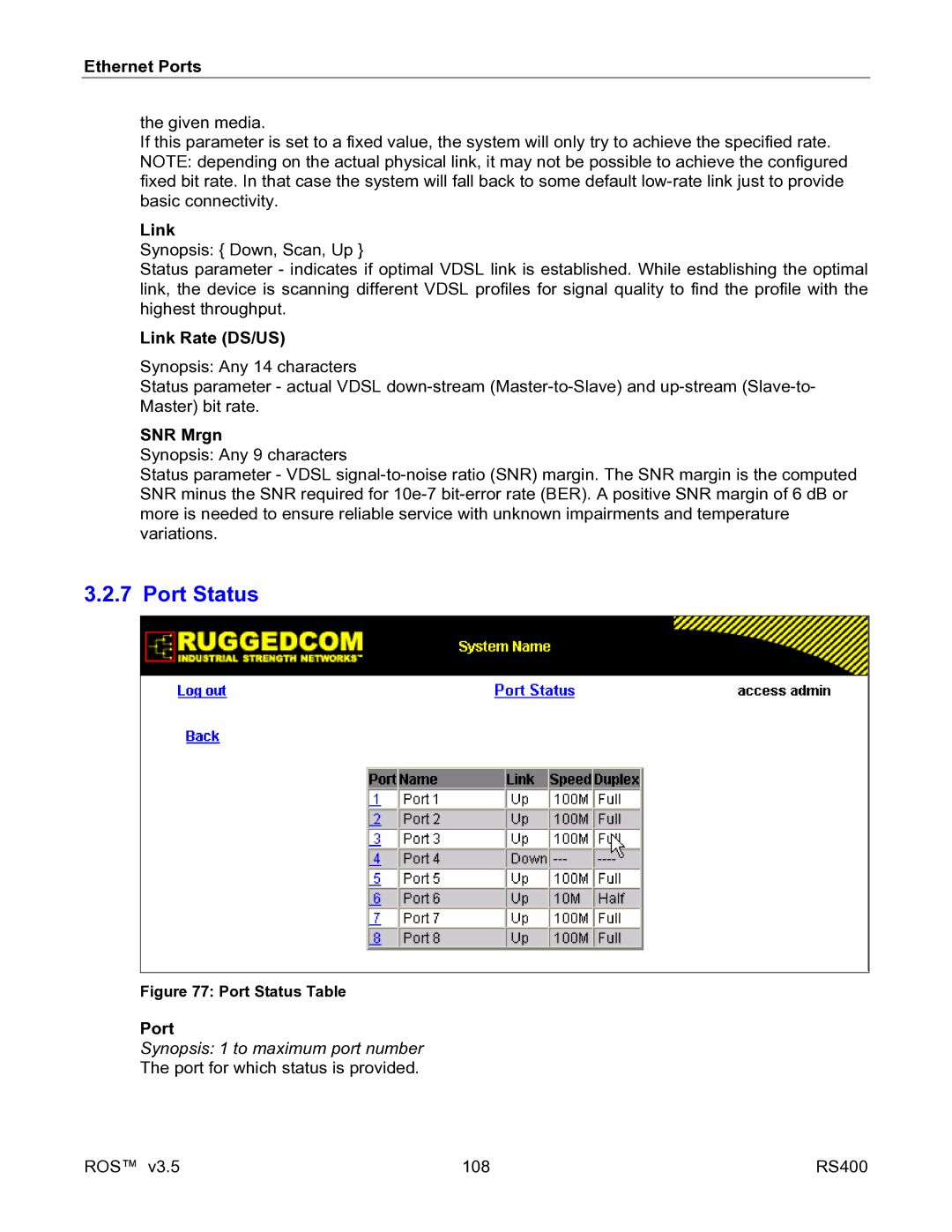 RuggedCom RS400 manual Port Status, Link Rate DS/US, SNR Mrgn 