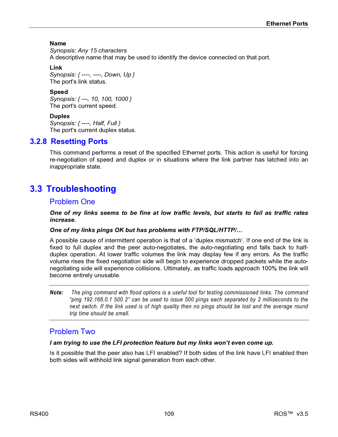RuggedCom RS400 manual Resetting Ports, Ethernet Ports Name, Duplex 