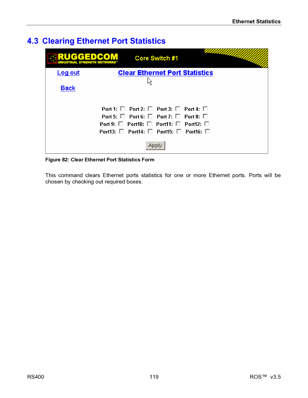 RuggedCom RS400 manual Clearing Ethernet Port Statistics, Clear Ethernet Port Statistics Form 