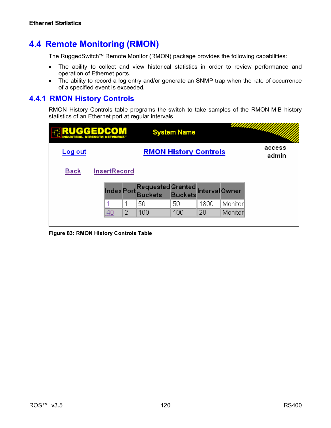 RuggedCom RS400 manual Remote Monitoring Rmon, Rmon History Controls 