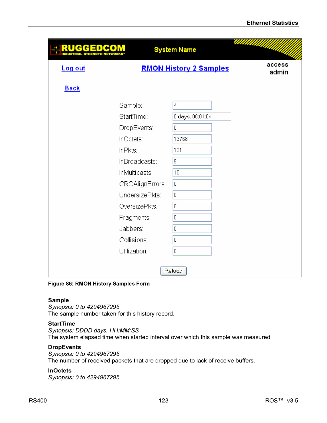 RuggedCom RS400 manual Sample, StartTime, Synopsis Dddd days, Hhmmss 