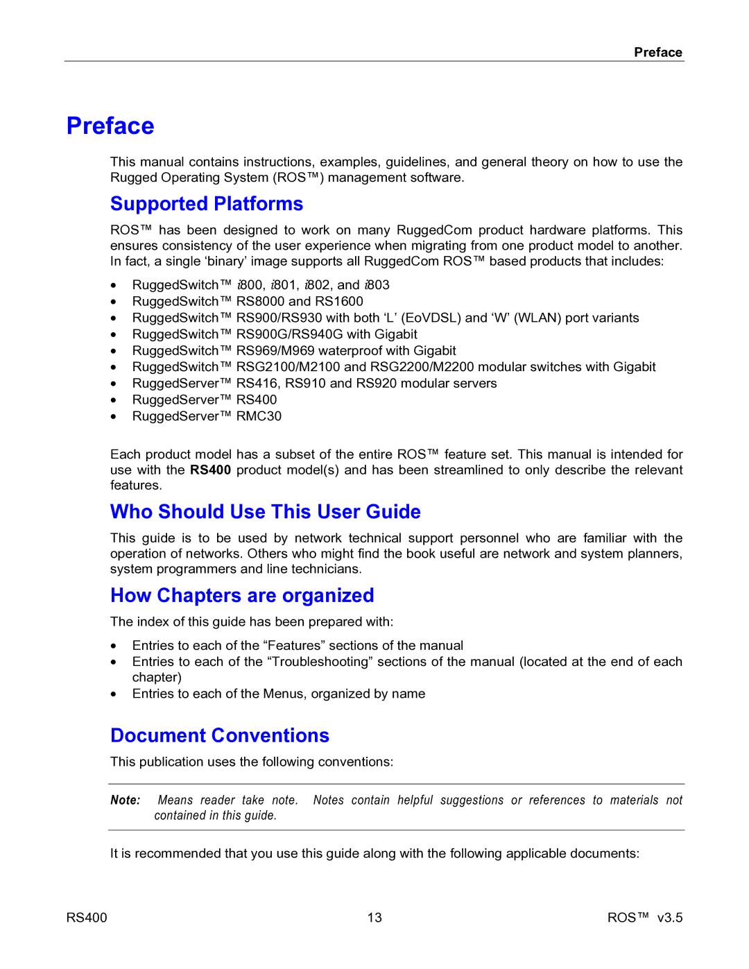 RuggedCom RS400 Supported Platforms, Who Should Use This User Guide, How Chapters are organized, Document Conventions 