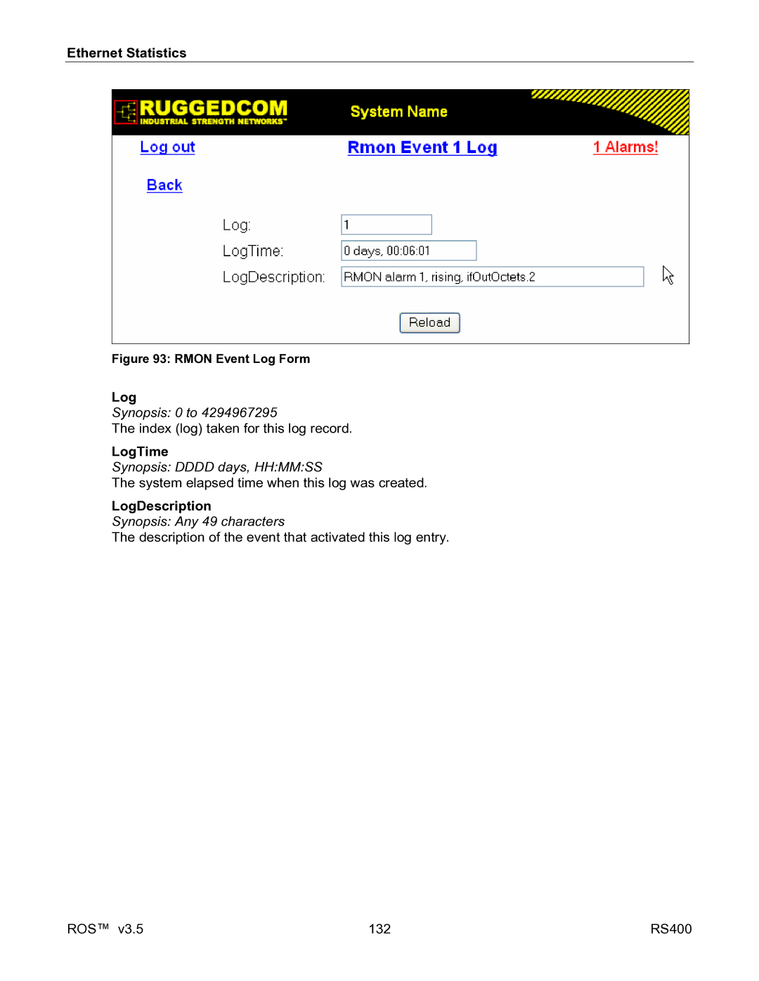 RuggedCom RS400 manual LogTime, LogDescription, Synopsis Any 49 characters 