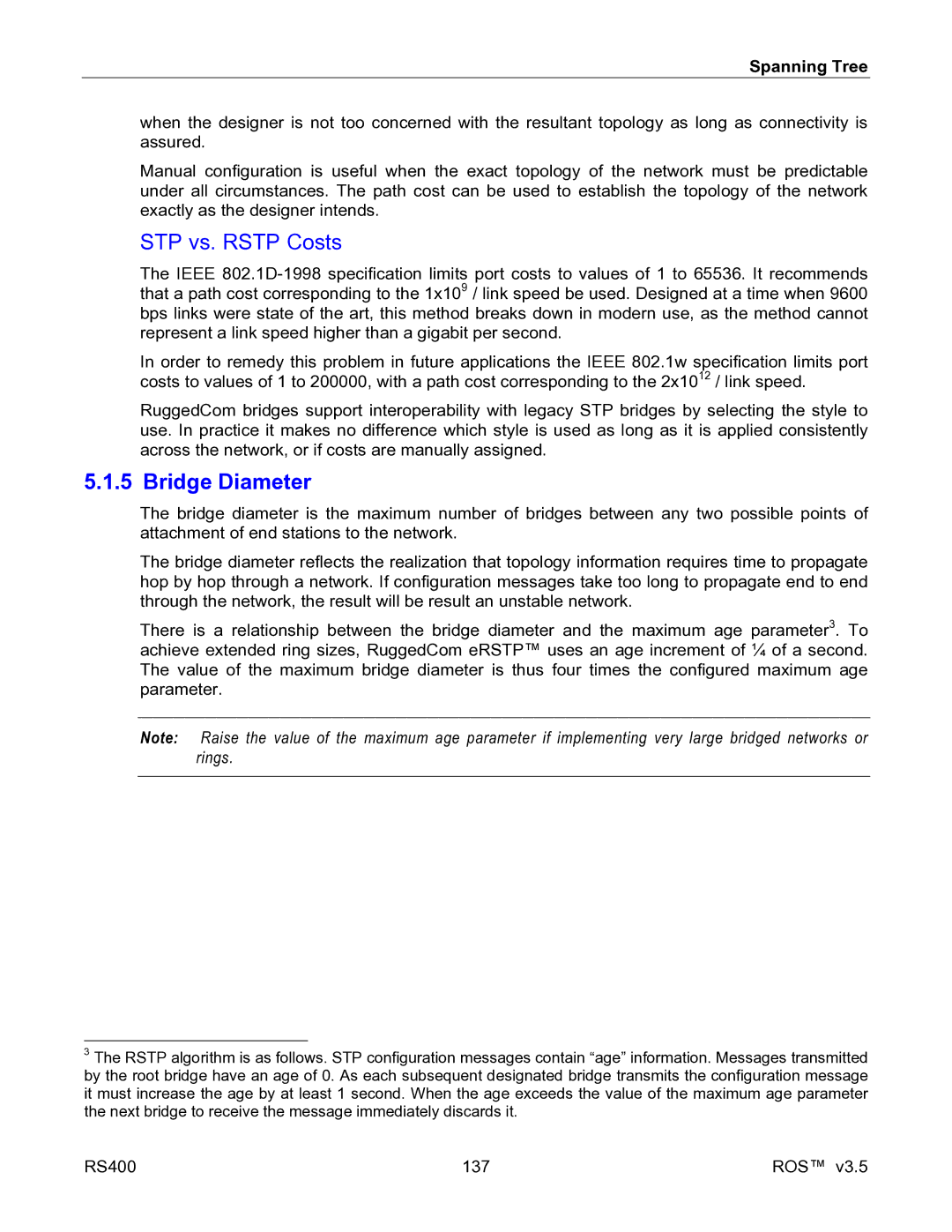 RuggedCom RS400 manual STP vs. Rstp Costs, Bridge Diameter 