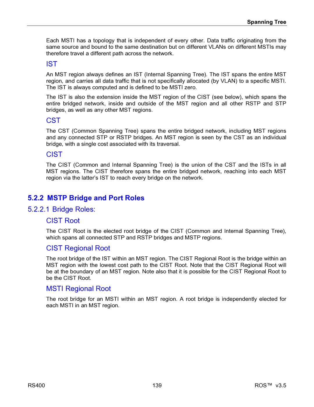 RuggedCom RS400 manual Mstp Bridge and Port Roles 5.2.2.1 Bridge Roles, Cist Root, Cist Regional Root, Msti Regional Root 