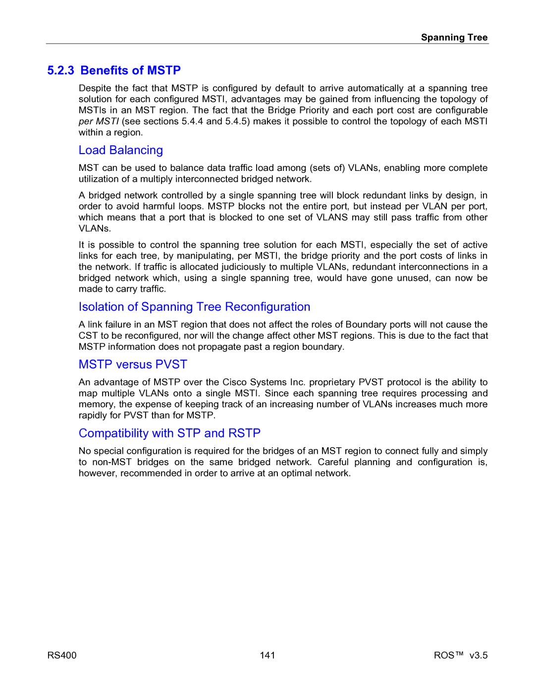 RuggedCom RS400 manual Benefits of Mstp, Load Balancing, Isolation of Spanning Tree Reconfiguration, Mstp versus Pvst 