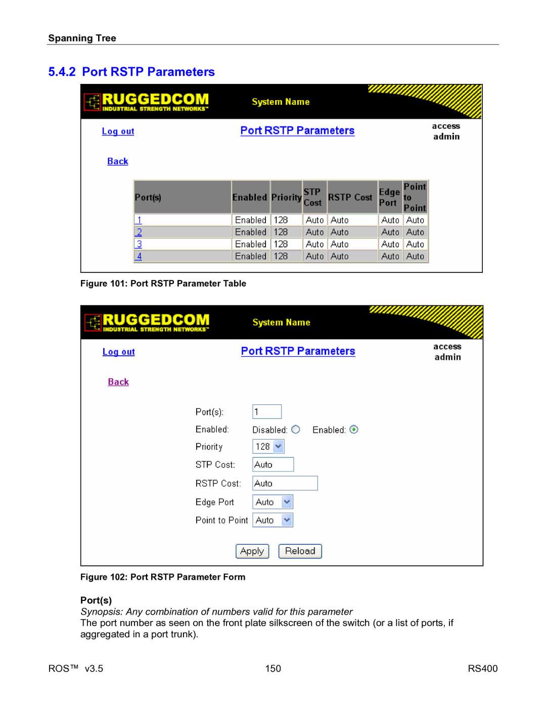 RuggedCom RS400 manual Port Rstp Parameters, Ports 