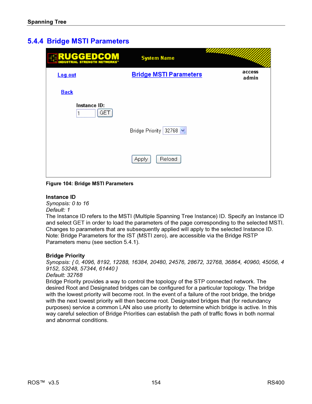 RuggedCom RS400 manual Bridge Msti Parameters, Instance ID 