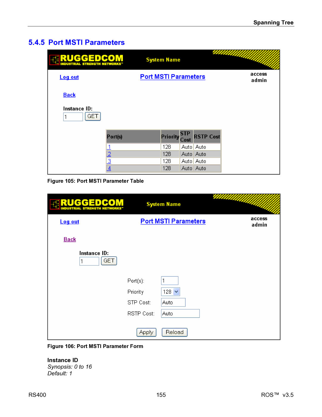 RuggedCom RS400 manual Port Msti Parameters, Port Msti Parameter Table 