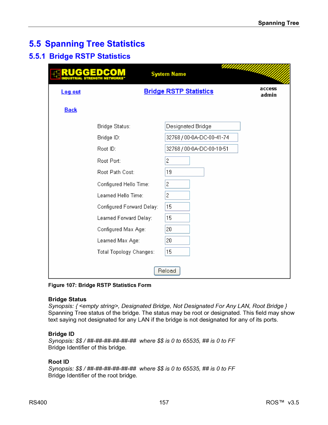 RuggedCom RS400 manual Spanning Tree Statistics, Bridge Rstp Statistics, Bridge Status, Bridge ID, Root ID 