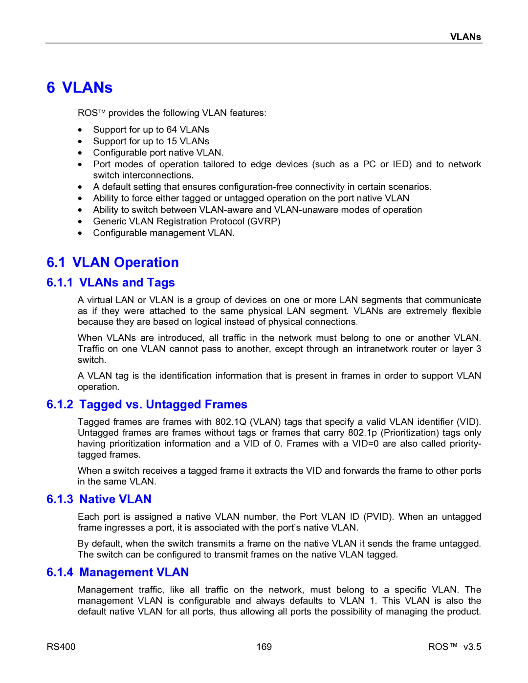 RuggedCom RS400 manual Vlan Operation, VLANs and Tags, Tagged vs. Untagged Frames, Native Vlan, Management Vlan 