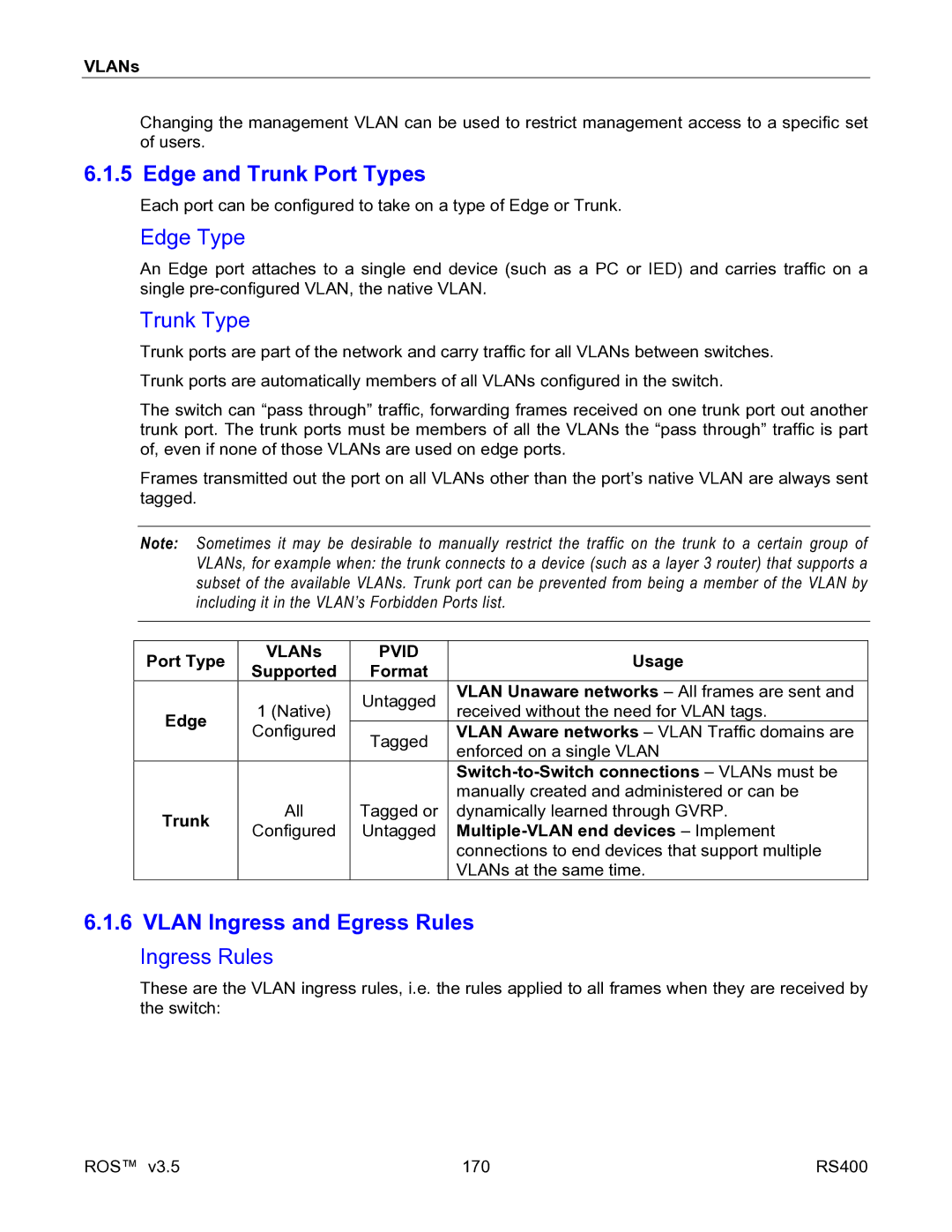 RuggedCom RS400 manual Edge and Trunk Port Types, Edge Type, Trunk Type, Vlan Ingress and Egress Rules, Ingress Rules 