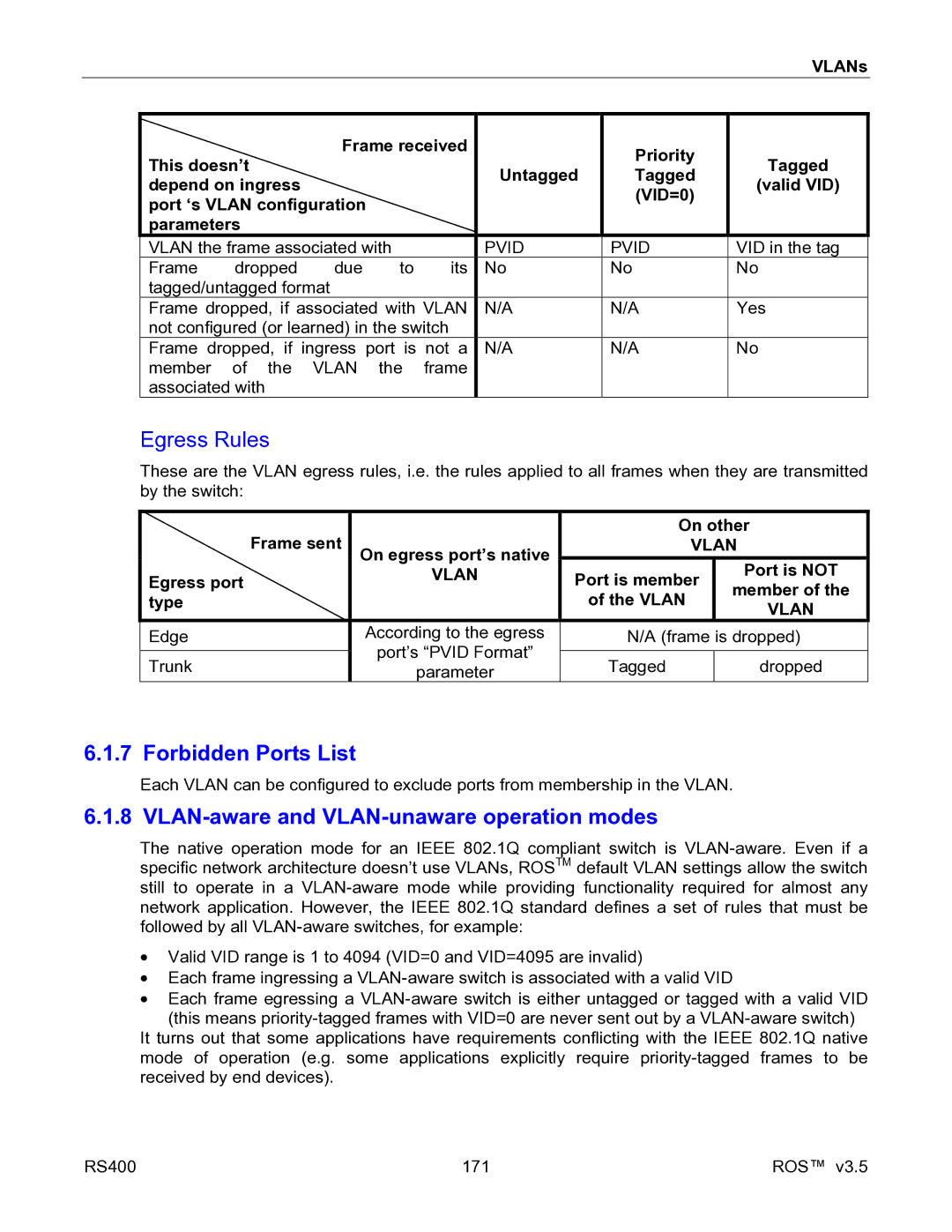 RuggedCom RS400 manual Egress Rules, Forbidden Ports List, VLAN-aware and VLAN-unaware operation modes 