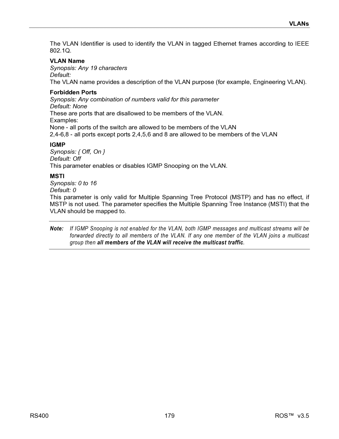 RuggedCom RS400 manual Vlan Name, Synopsis Any 19 characters Default, Forbidden Ports 