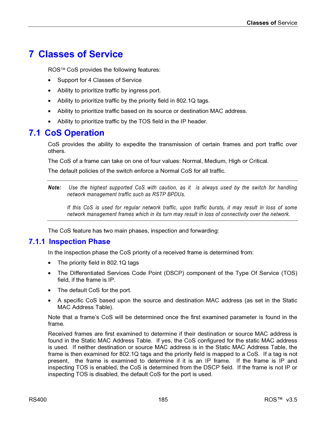 RuggedCom RS400 manual CoS Operation, Inspection Phase, Classes of Service 