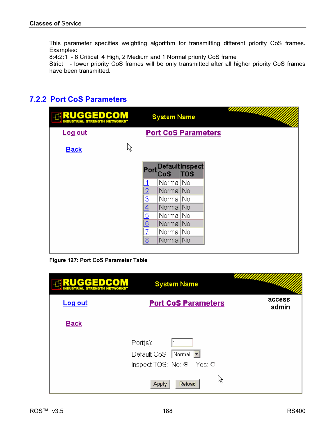 RuggedCom RS400 manual Port CoS Parameters, Port CoS Parameter Table 