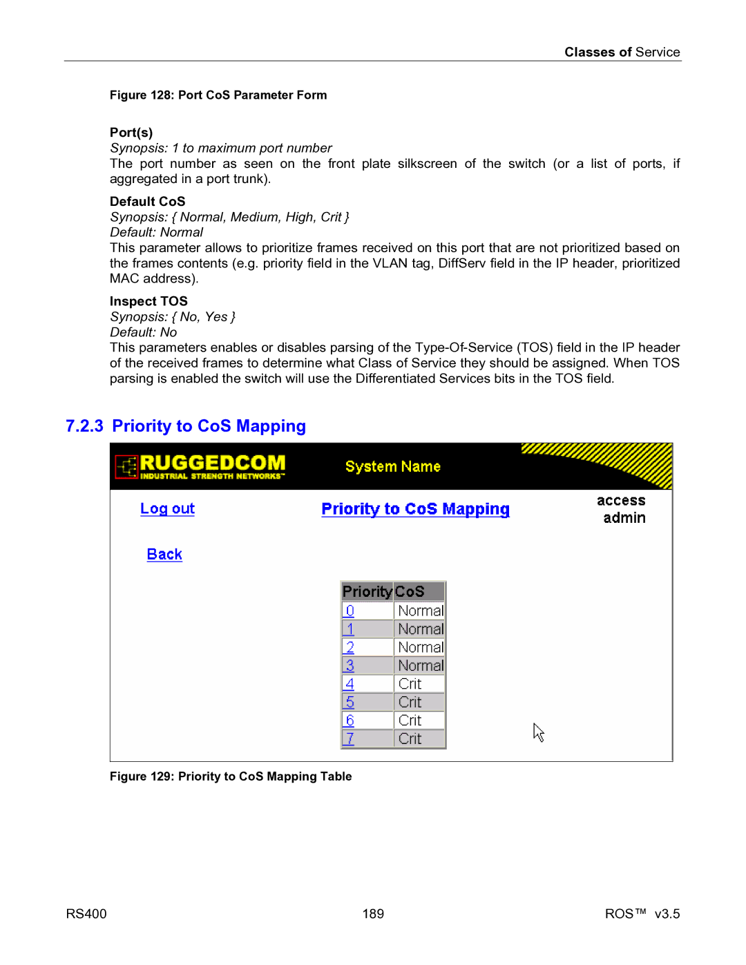 RuggedCom RS400 Priority to CoS Mapping, Default CoS, Synopsis Normal, Medium, High, Crit Default Normal, Inspect TOS 