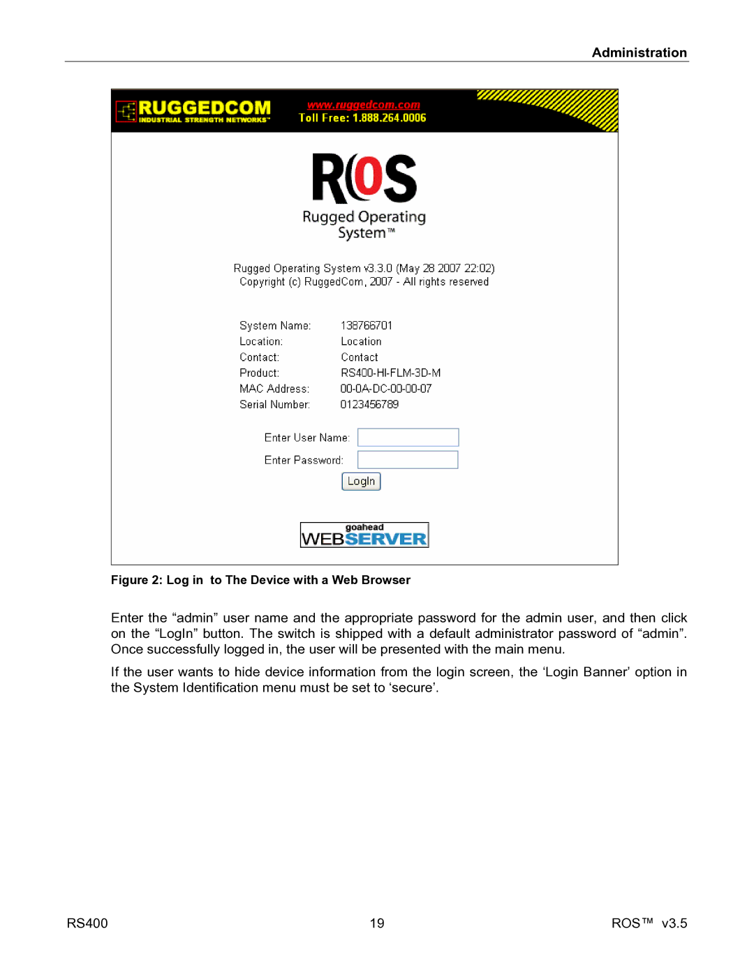 RuggedCom RS400 manual Log in to The Device with a Web Browser 