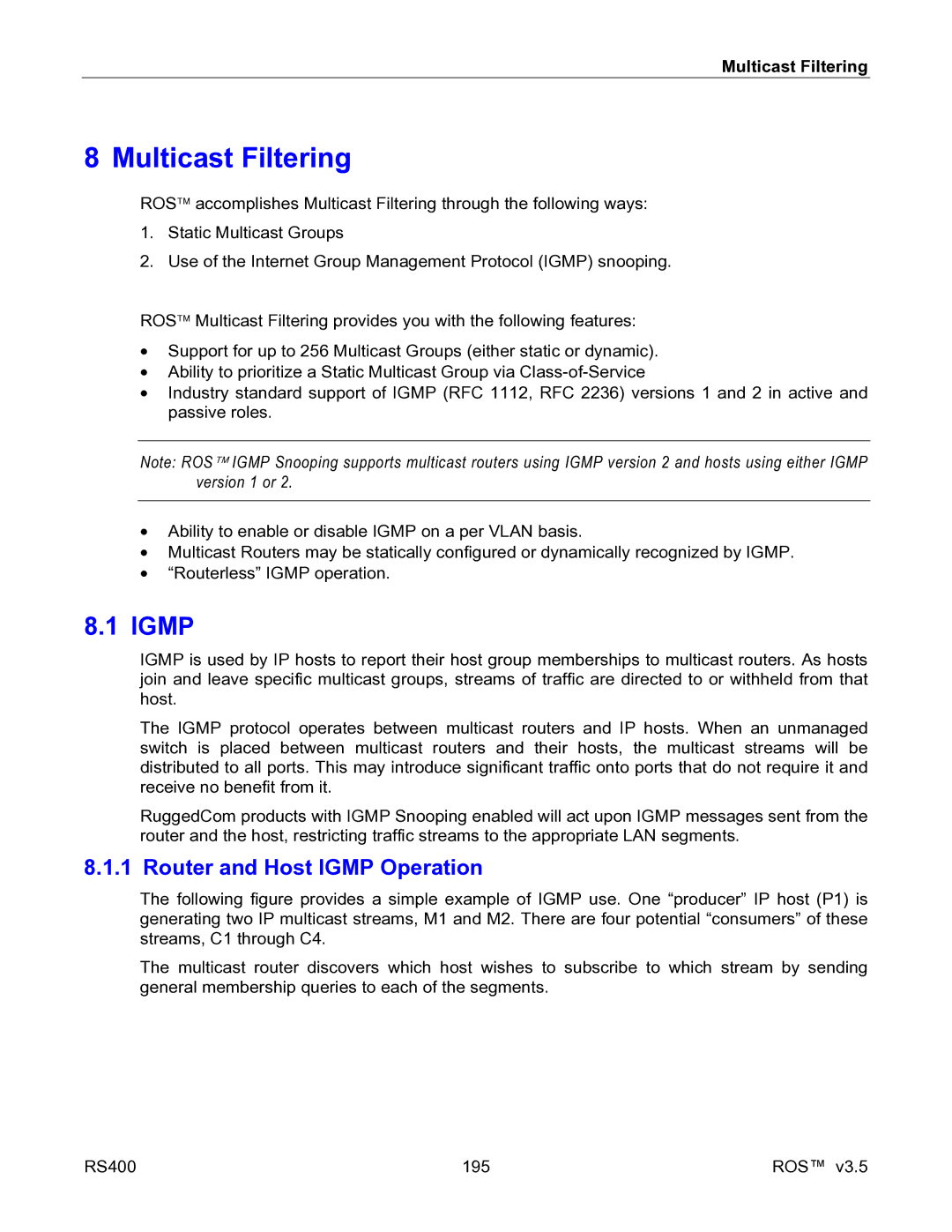 RuggedCom RS400 manual Router and Host Igmp Operation, Multicast Filtering 