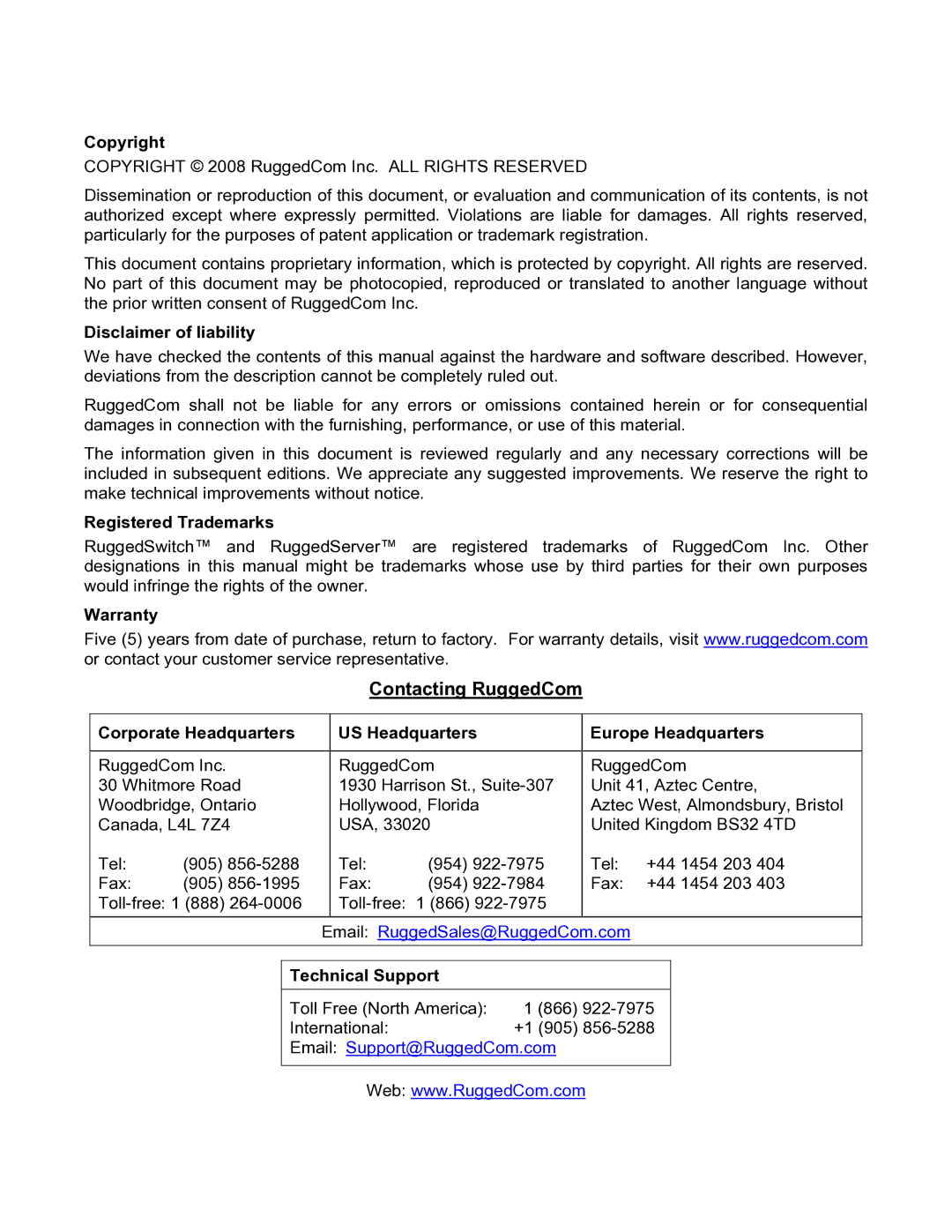 RuggedCom RS400 manual Copyright, Disclaimer of liability, Registered Trademarks, Warranty, Technical Support 