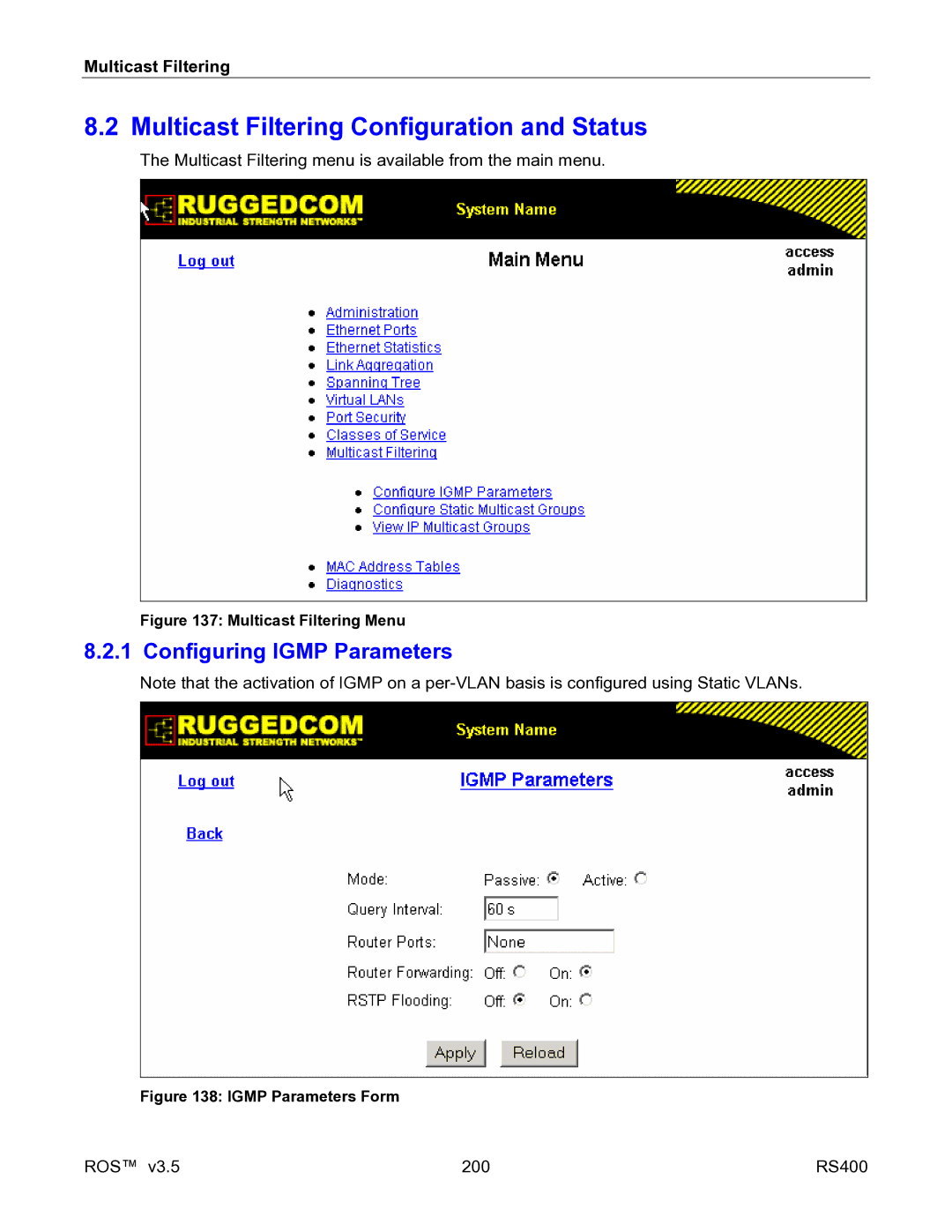 RuggedCom RS400 manual Multicast Filtering Configuration and Status, Configuring Igmp Parameters 