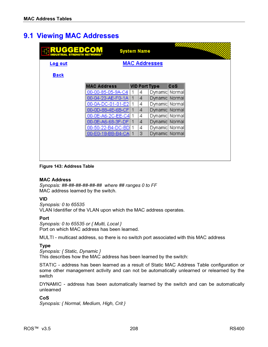 RuggedCom RS400 manual Viewing MAC Addresses, Synopsis 0 to 65535 or Multi, Local, Synopsis Static, Dynamic 