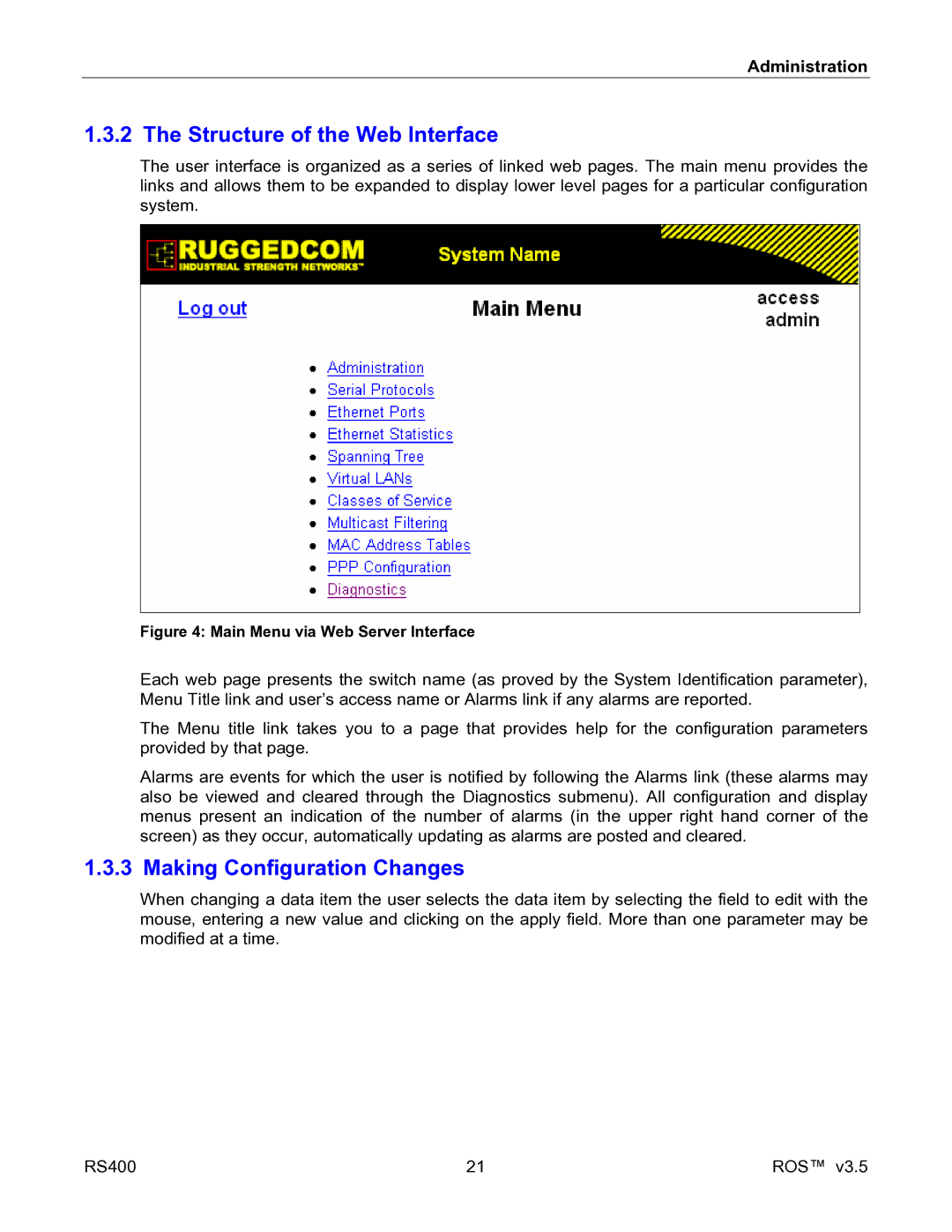 RuggedCom RS400 manual Structure of the Web Interface, Main Menu via Web Server Interface 