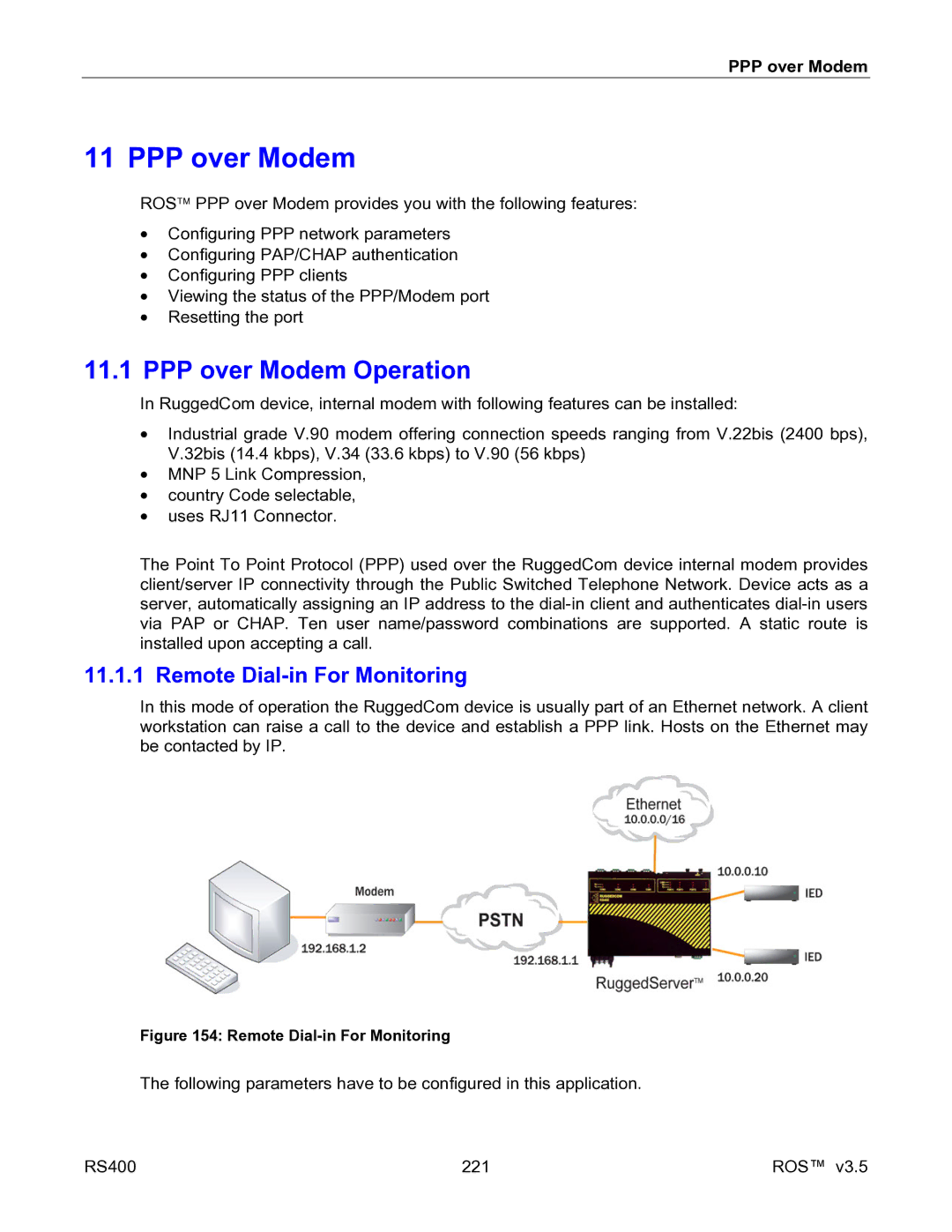 RuggedCom RS400 manual PPP over Modem Operation, Remote Dial-in For Monitoring 