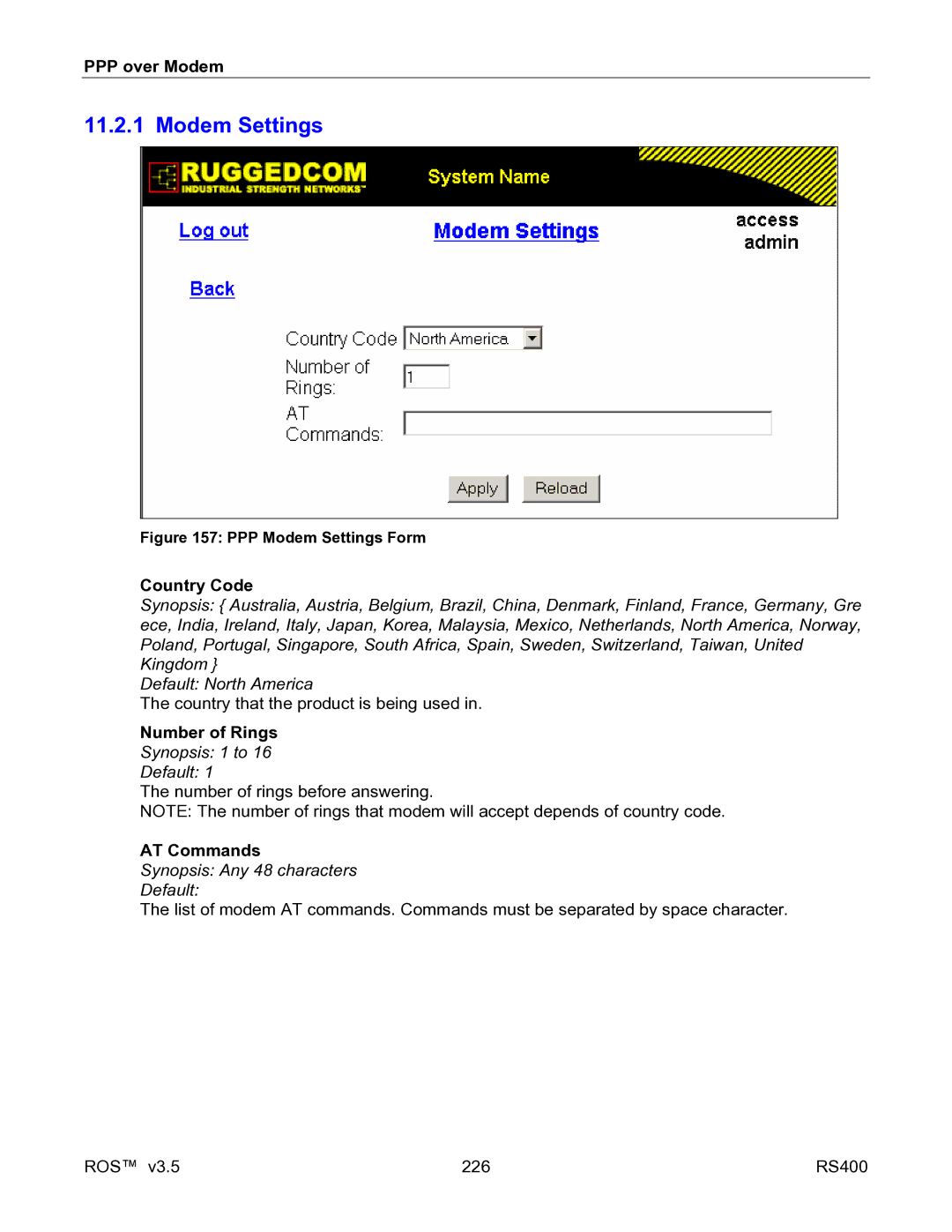 RuggedCom RS400 manual Modem Settings, Country Code, Number of Rings, AT Commands, Synopsis Any 48 characters Default 