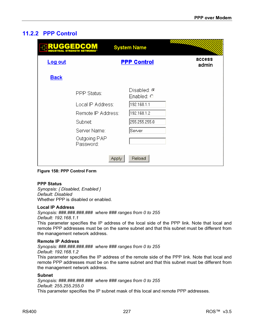 RuggedCom RS400 manual PPP Control, PPP Status, Local IP Address, Remote IP Address 