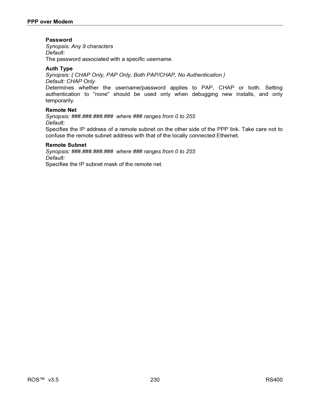 RuggedCom RS400 manual PPP over Modem Password, Synopsis Any 9 characters Default, Remote Net, Remote Subnet 