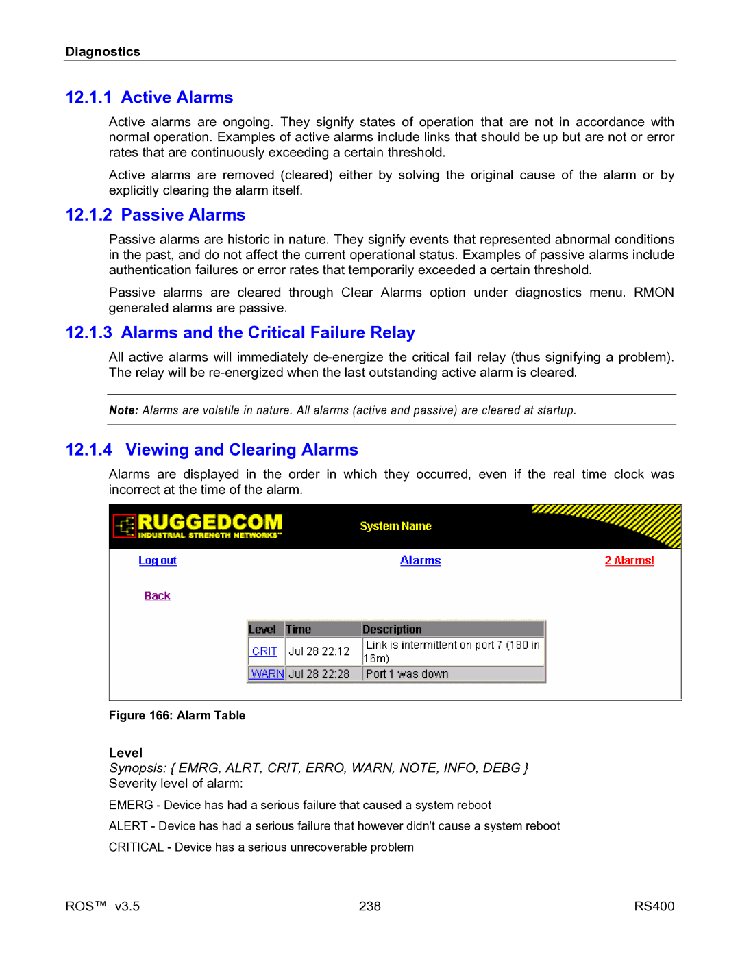 RuggedCom RS400 Active Alarms, Passive Alarms, Alarms and the Critical Failure Relay, Viewing and Clearing Alarms, Level 