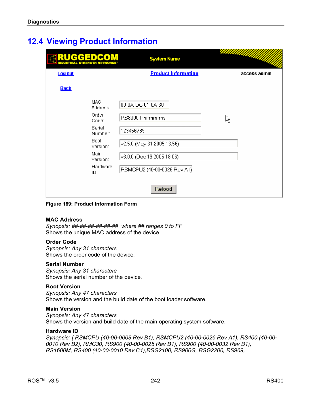 RuggedCom RS400 manual Viewing Product Information 