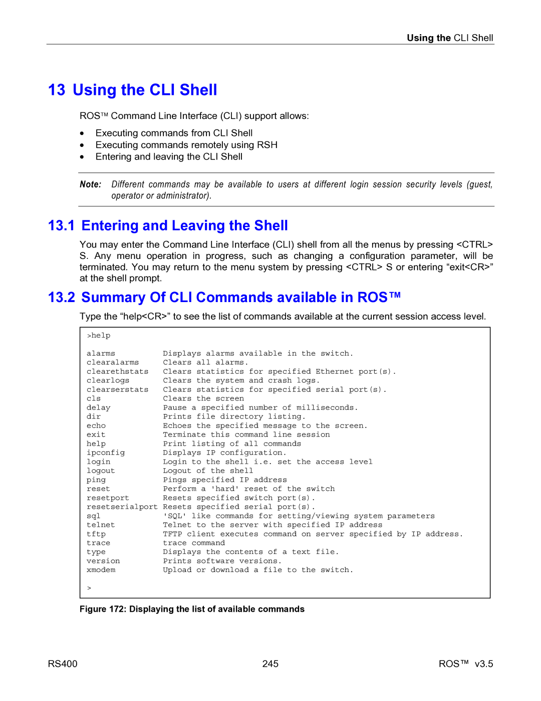 RuggedCom RS400 manual Entering and Leaving the Shell, Summary Of CLI Commands available in ROS, Using the CLI Shell 