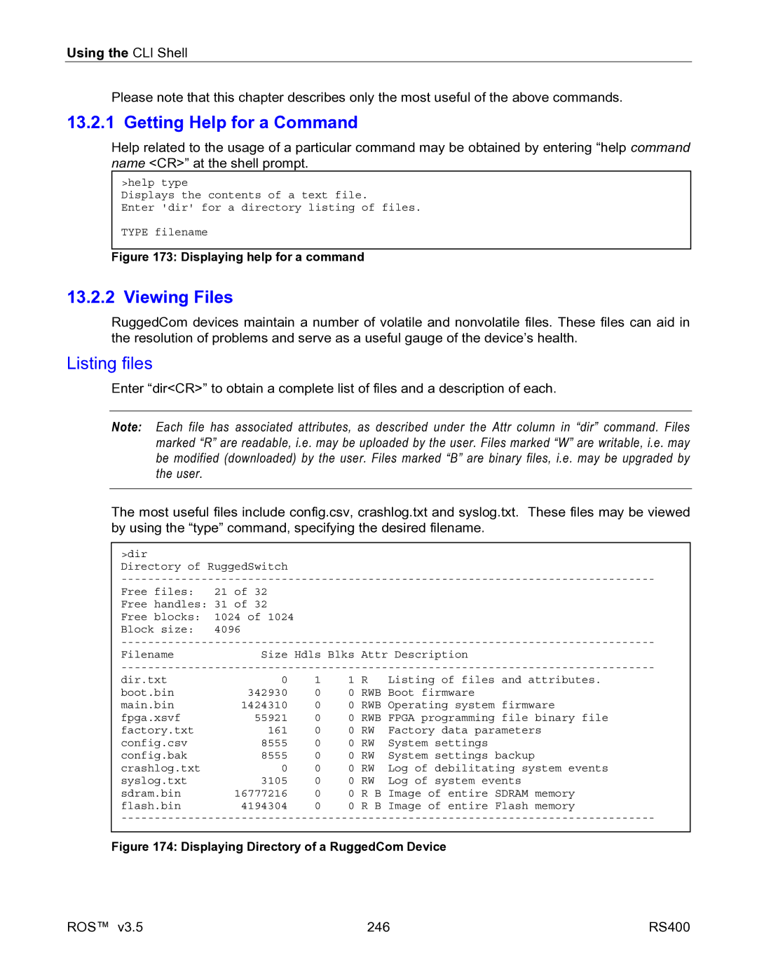 RuggedCom RS400 manual Getting Help for a Command, Viewing Files, Listing files 