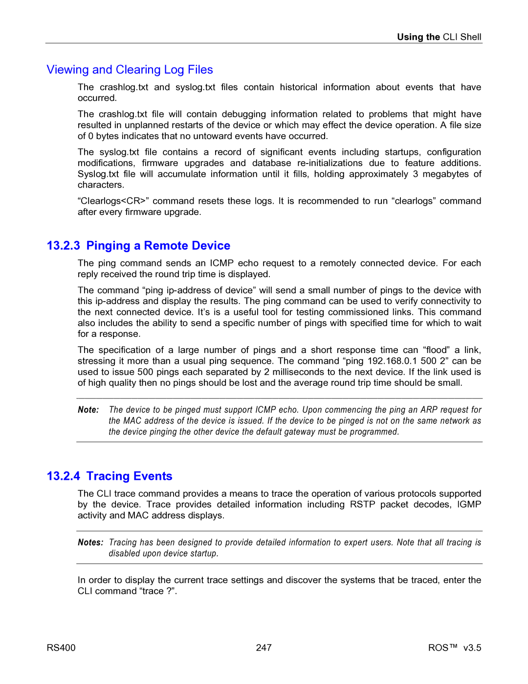 RuggedCom RS400 manual Viewing and Clearing Log Files, Pinging a Remote Device, Tracing Events 