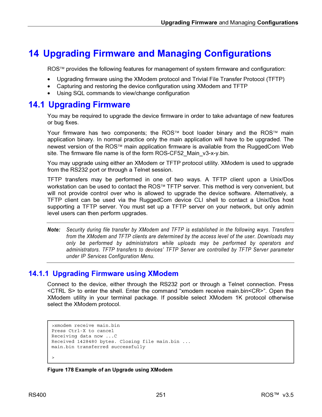 RuggedCom RS400 manual Upgrading Firmware using XModem, Upgrading Firmware and Managing Configurations 