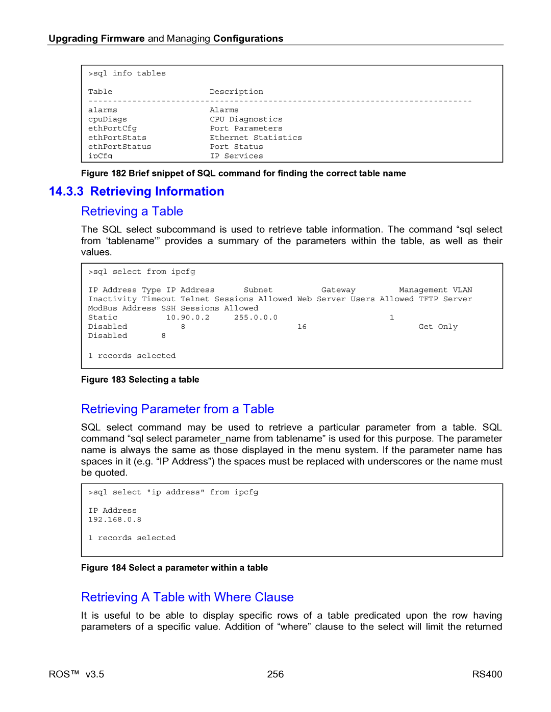 RuggedCom RS400 manual Retrieving Parameter from a Table, Retrieving a Table with Where Clause 