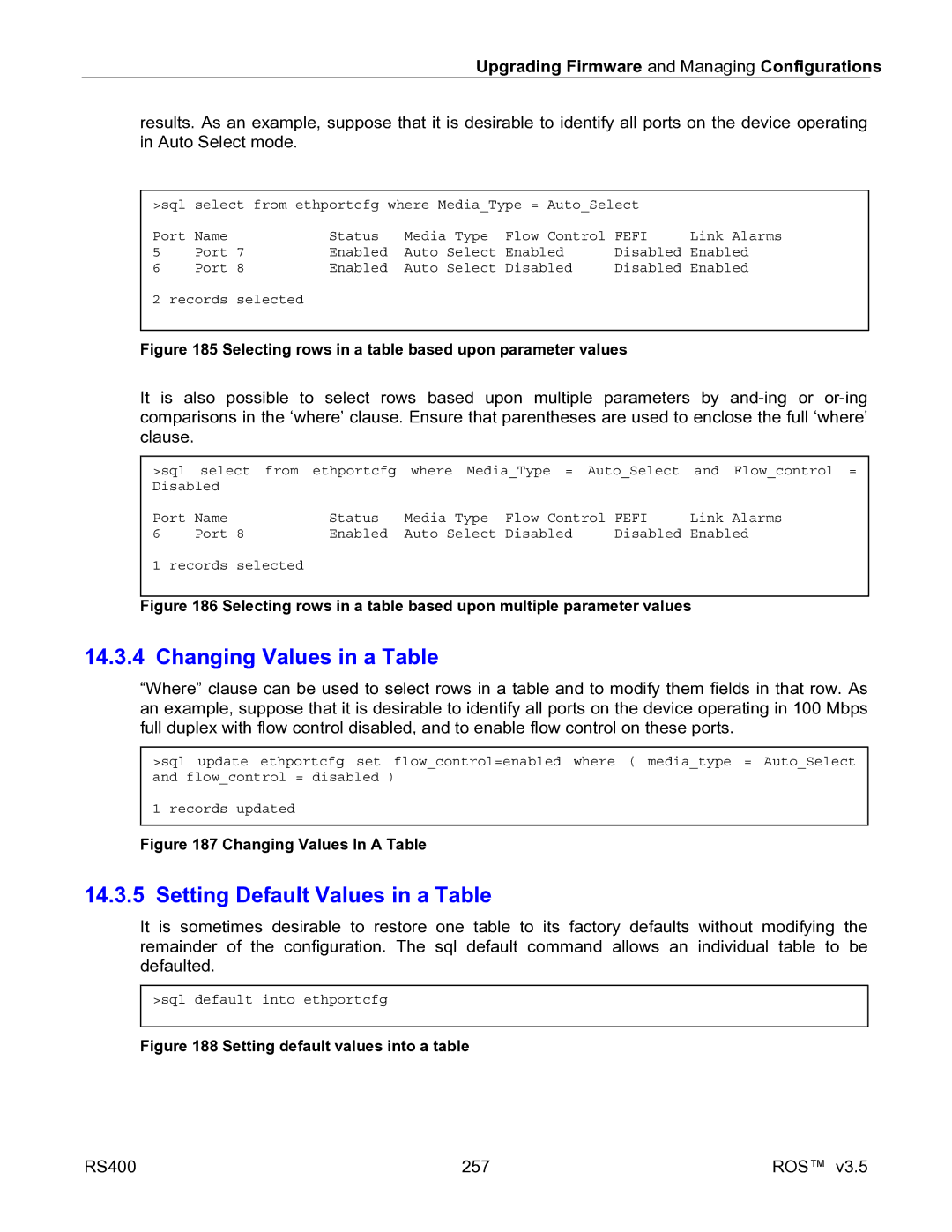 RuggedCom RS400 manual Changing Values in a Table, Setting Default Values in a Table 