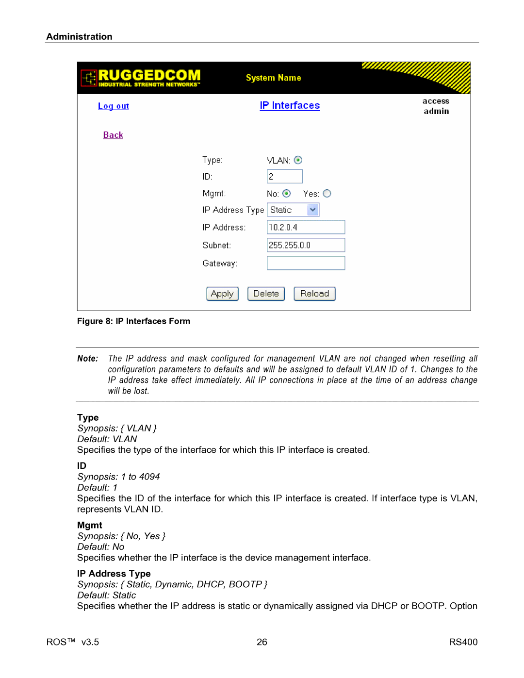 RuggedCom RS400 manual Mgmt, IP Address Type 