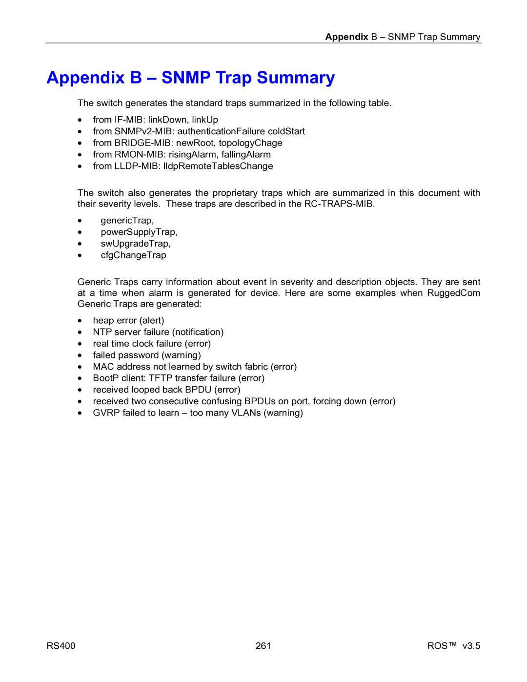 RuggedCom RS400 manual Appendix B Snmp Trap Summary 