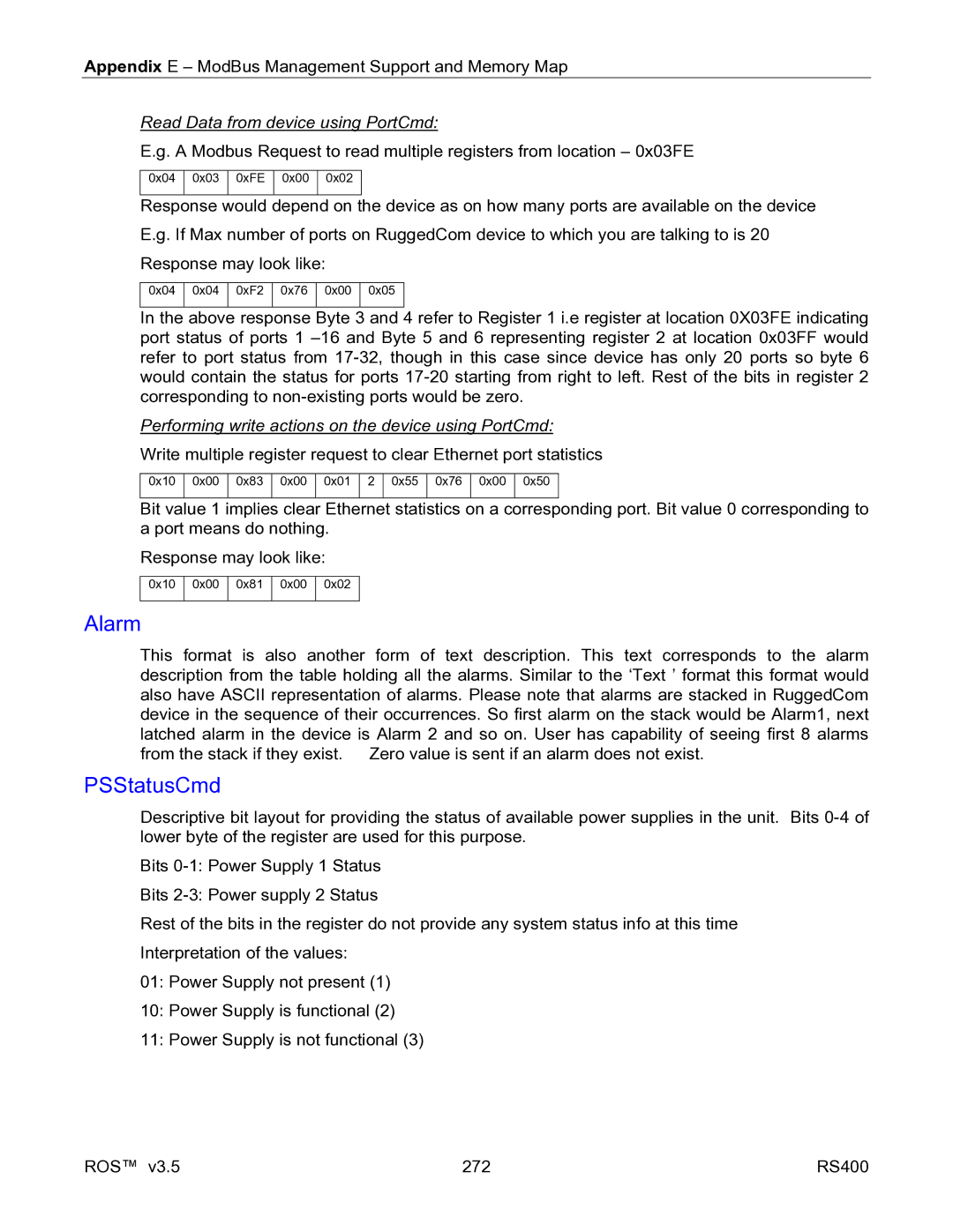 RuggedCom RS400 manual Alarm, PSStatusCmd, Read Data from device using PortCmd 