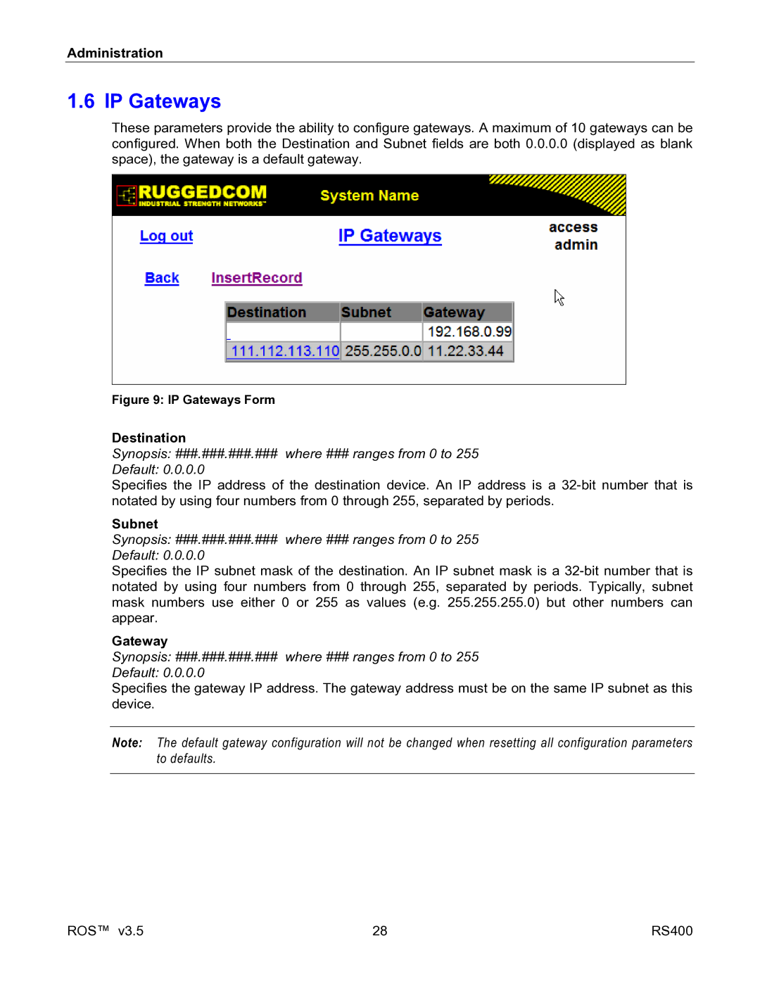 RuggedCom RS400 manual IP Gateways, Destination 