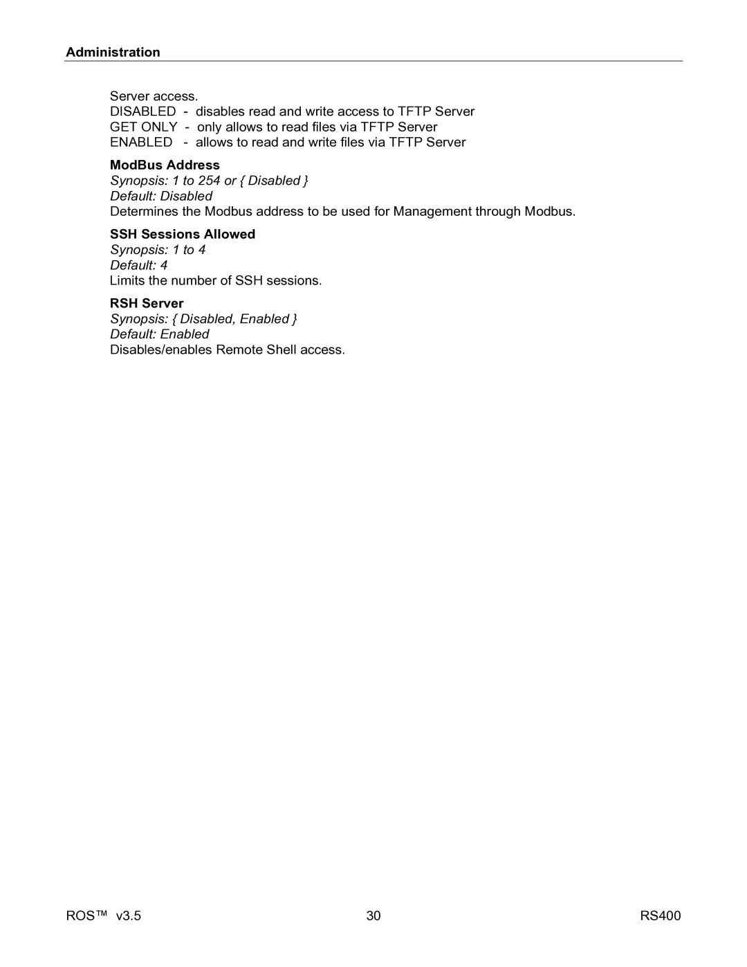 RuggedCom RS400 manual ModBus Address, Synopsis 1 to 254 or Disabled Default Disabled, SSH Sessions Allowed, RSH Server 