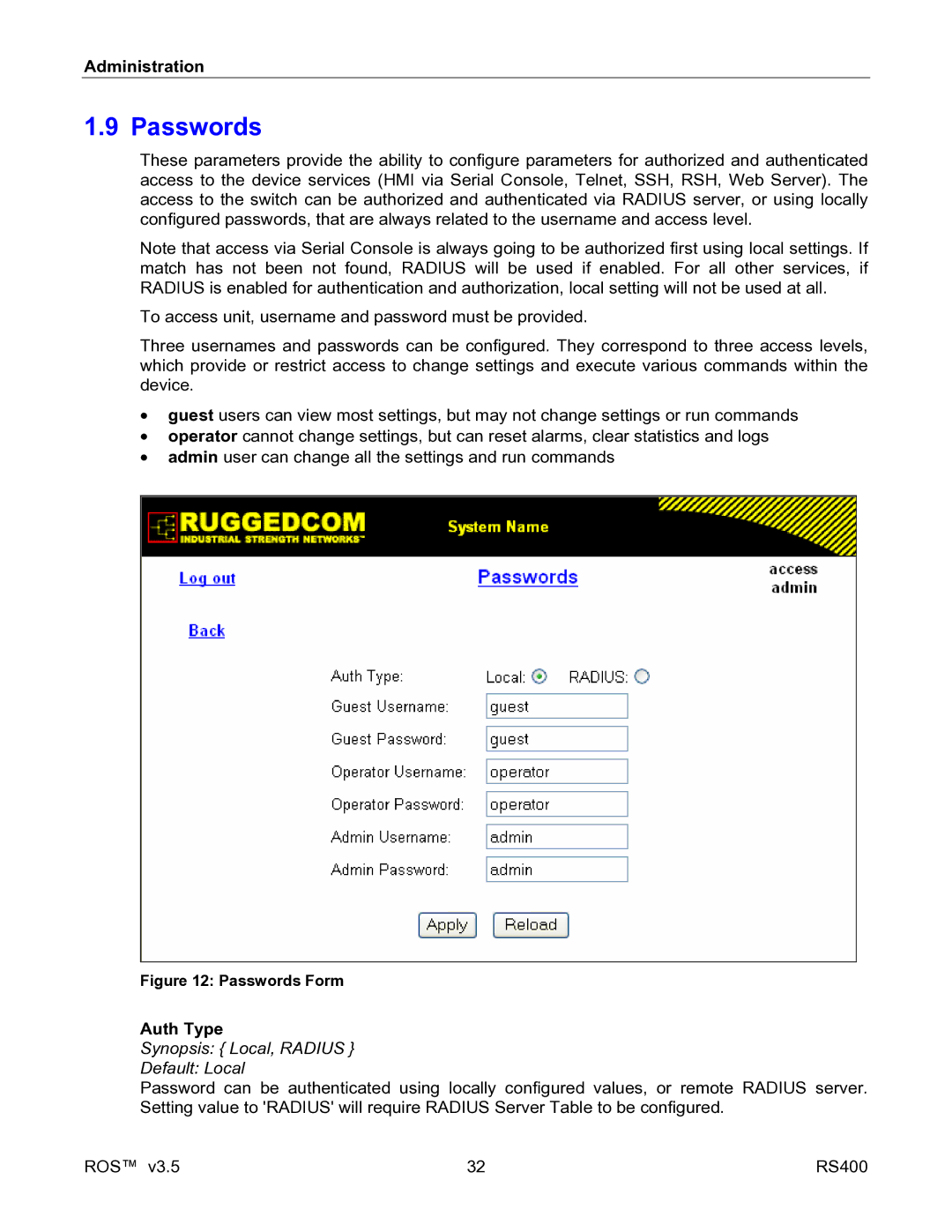 RuggedCom RS400 manual Passwords, Auth Type, Synopsis Local, Radius Default Local 