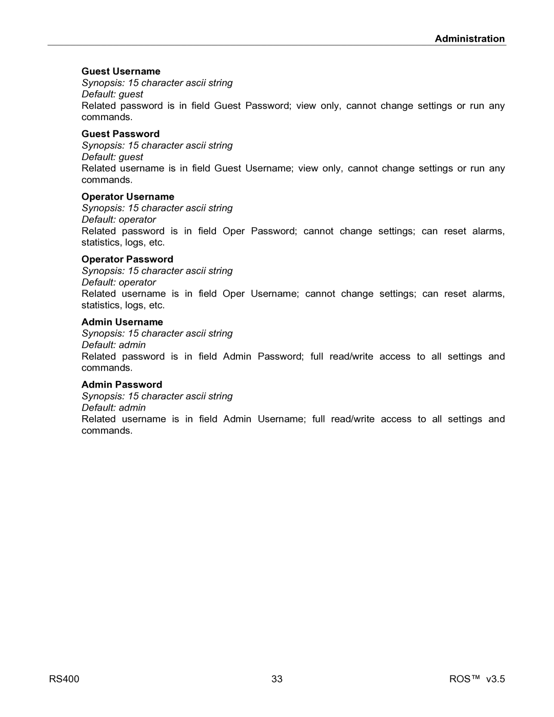 RuggedCom RS400 manual Administration Guest Username, Guest Password, Operator Username, Operator Password, Admin Username 